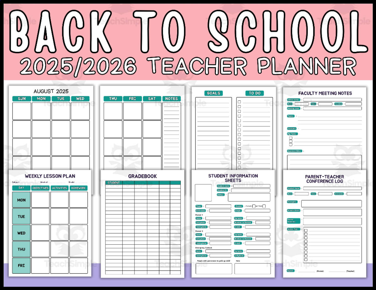 An educational teaching resource from Wonderland School entitled 2025-2026 Printable Teacher Planner downloadable at Teach Simple.