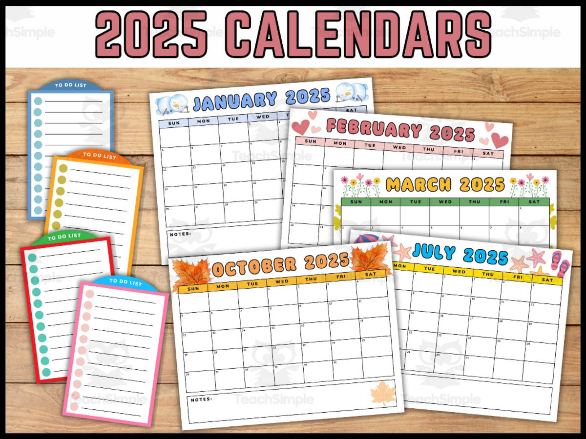 An educational teaching resource from Wonderland School entitled 2025 Calendars and to do list with seasonial themes downloadable at Teach Simple.