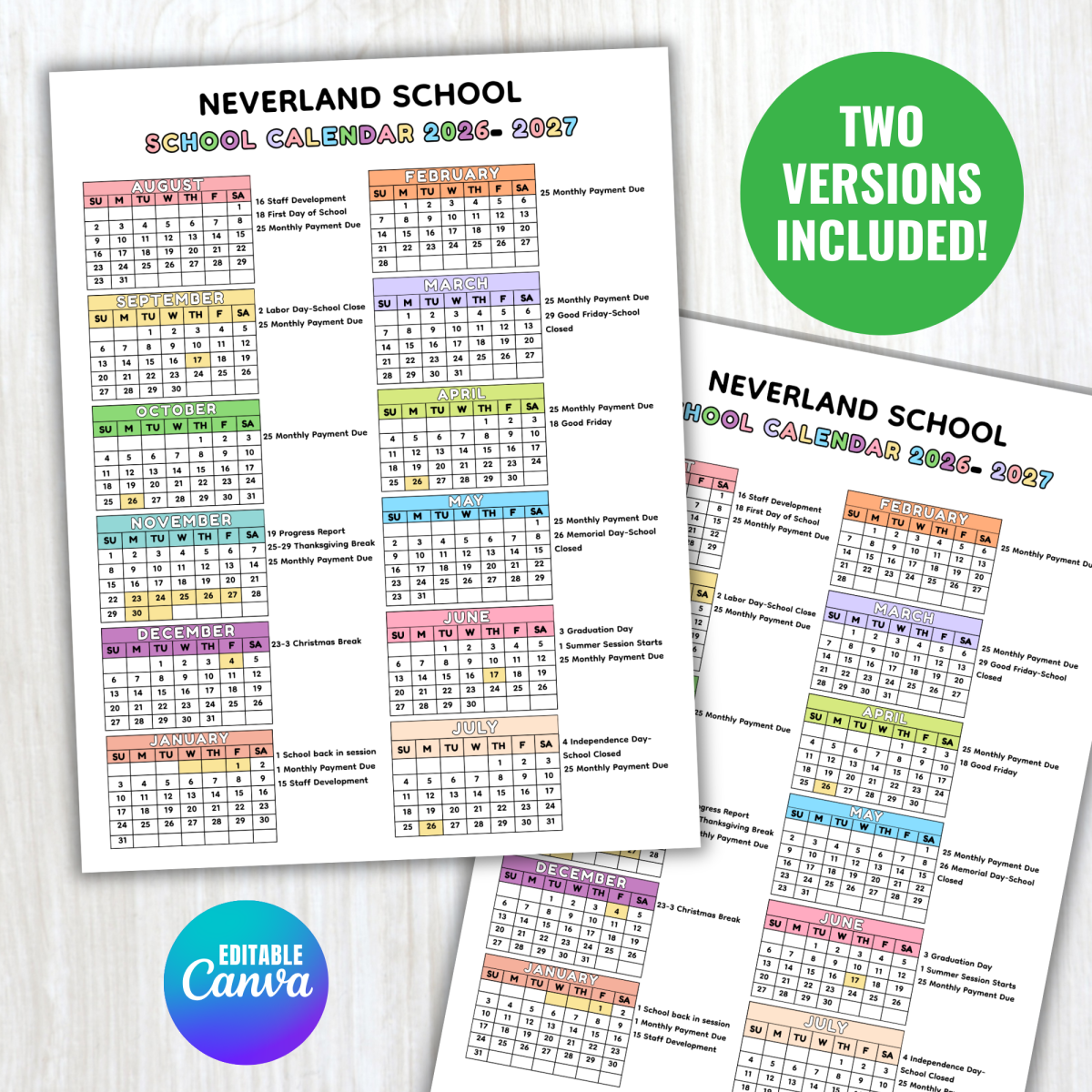 An educational teaching resource from screenzro entitled 2026-2027 School Calendar Template, Back to School 26-27 Year Calendar downloadable at Teach Simple.