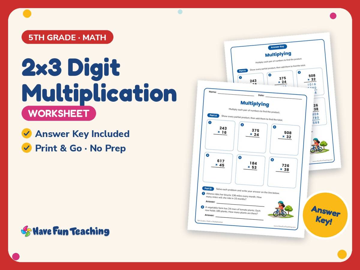 2×3 Digit Multiplication Worksheet – 5th Grade Math Practice preview