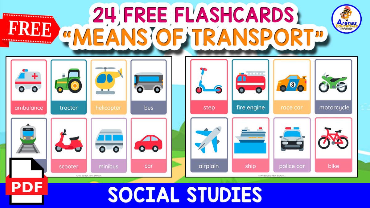 An educational teaching resource from EDITORIAL LAURA EDUCA entitled 24 FREE FLASHCARDS | MEANS OF TRANSPORT downloadable at Teach Simple.