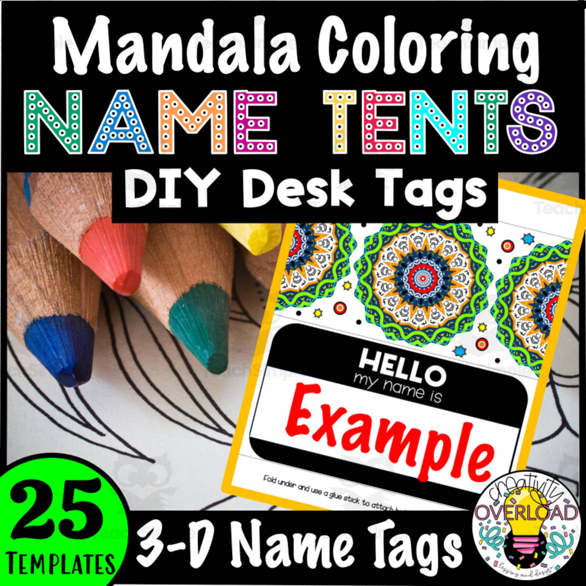 An educational teaching resource from Creativity Overload entitled 25 Mandala DIY Desk Tags downloadable at Teach Simple.