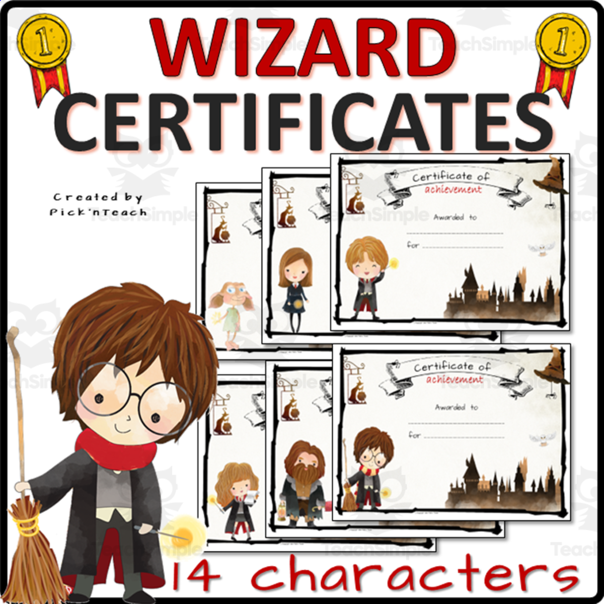 An educational teaching resource from Pick'n Teach entitled 28 AWARD certificates for WIZARDS for ANY SUBJECT printable templates downloadable at Teach Simple.