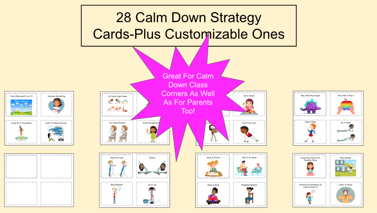 An educational teaching resource from Jennifer Moyer Taylor entitled 28 Calm Down Strategy SEL Cards-Editable! downloadable at Teach Simple.