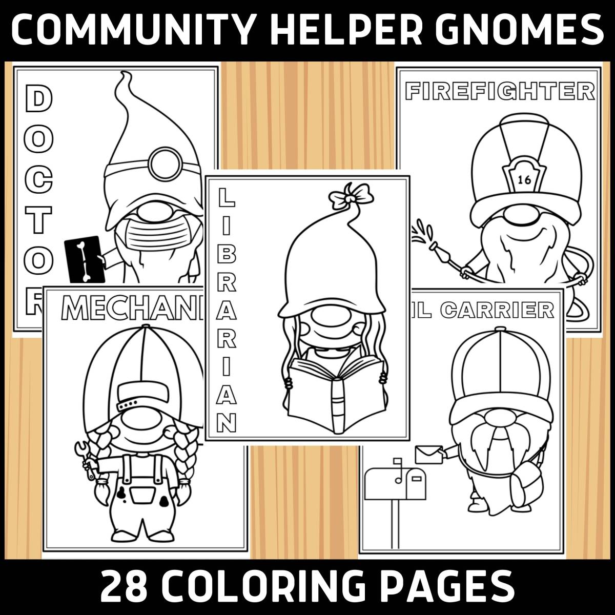 An educational teaching resource from Classy Classroom VIP entitled 28 Community Helper Gnomes Coloring Pages downloadable at Teach Simple.