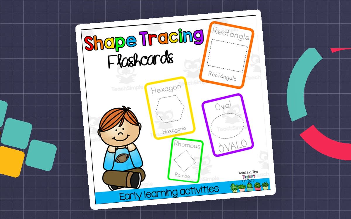 An educational teaching resource from Teaching the Tiniest of Tots entitled 2D Shape Tracing Preschool Math Flashcards and Coloring Sheets downloadable at Teach Simple.