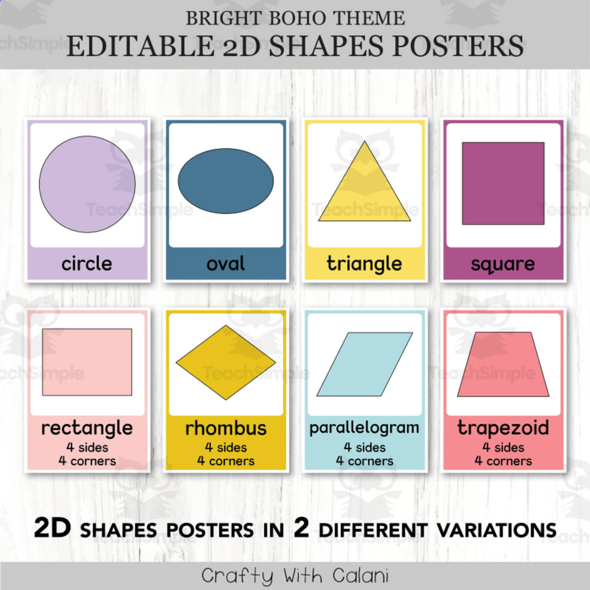 An educational teaching resource from Crafty with Calani entitled 2D Shapes Posters, Geometry Math Decor in Bright Boho Design downloadable at Teach Simple.