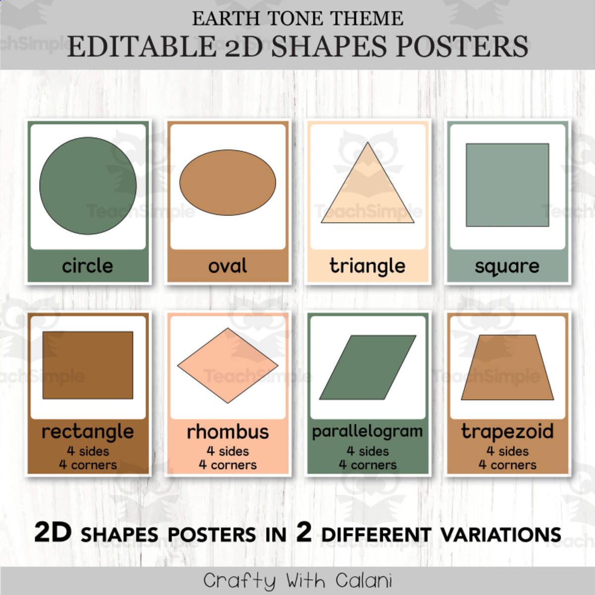 An educational teaching resource from Crafty with Calani entitled 2D Shapes Posters, Geometry Math Decor in Earth Tone Design downloadable at Teach Simple.