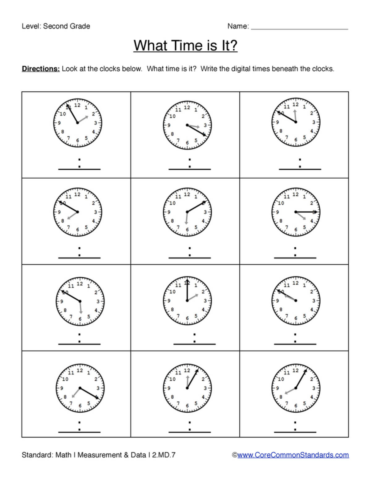 An educational teaching resource from Have Fun Teaching entitled 2.MD.7 Common Core Worksheet downloadable at Teach Simple.