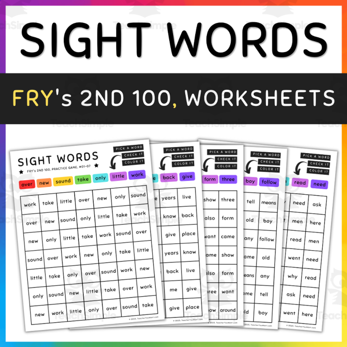An educational teaching resource from TeacherYouWant entitled 2nd 100 Fry Sight Words, Color by Sight Words Game - SET 9 (a) downloadable at Teach Simple.