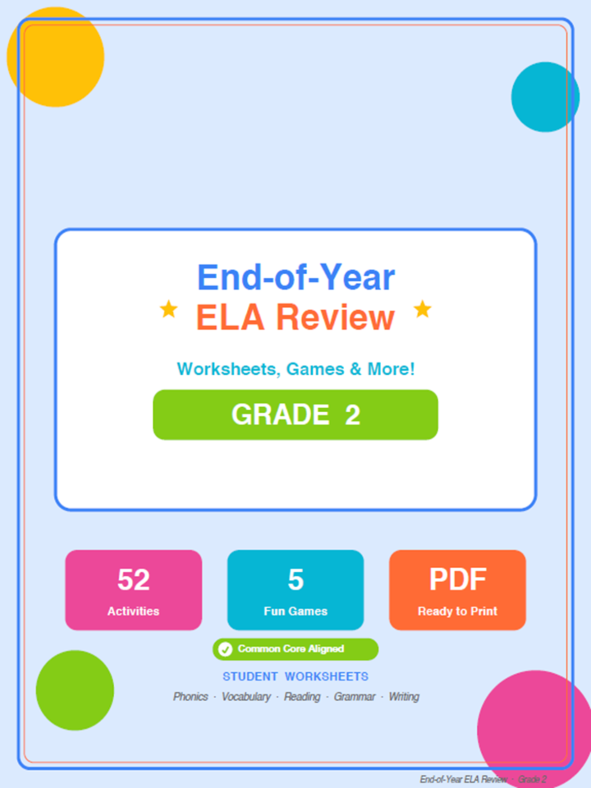 An educational teaching resource from Bright Classroom Ideas Marketplace entitled 2nd Grade End of Year ELA Review Worksheets & Games downloadable at Teach Simple.