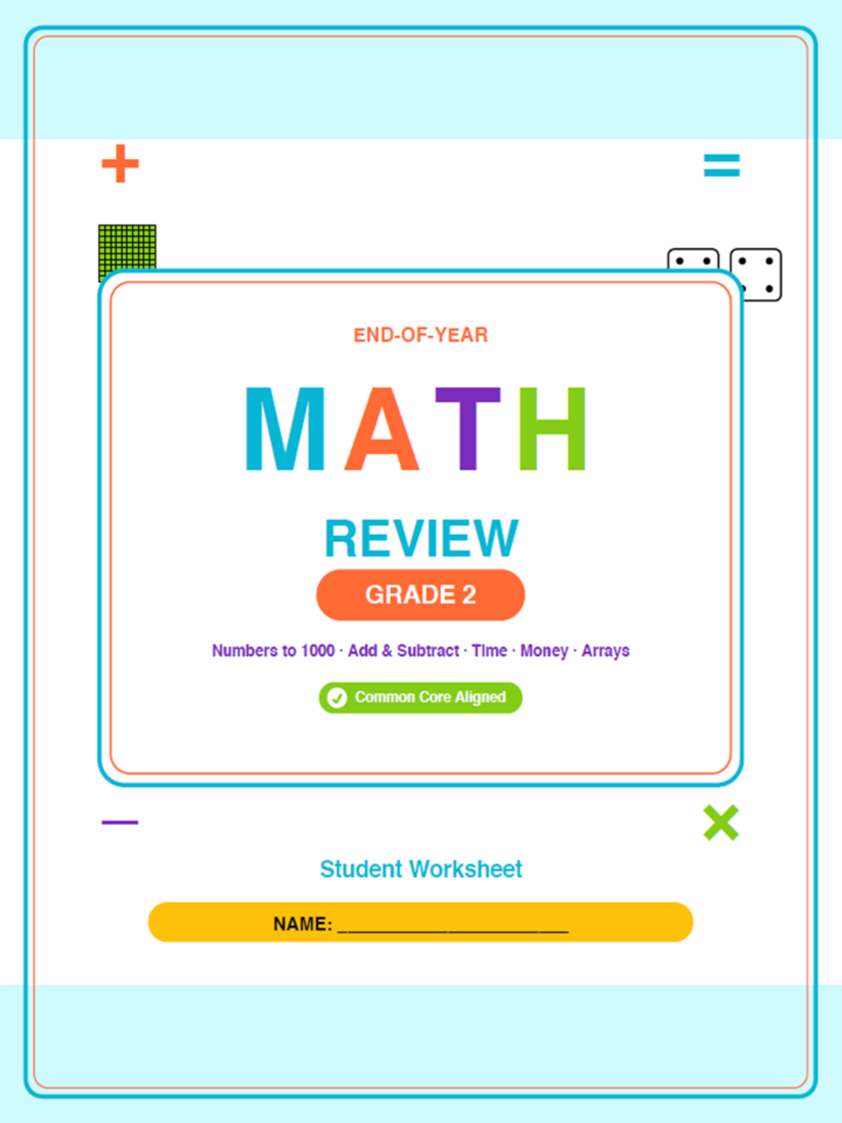 An educational teaching resource from Bright Classroom Ideas Marketplace entitled 2nd Grade End of Year Math Review Worksheets & Games downloadable at Teach Simple.