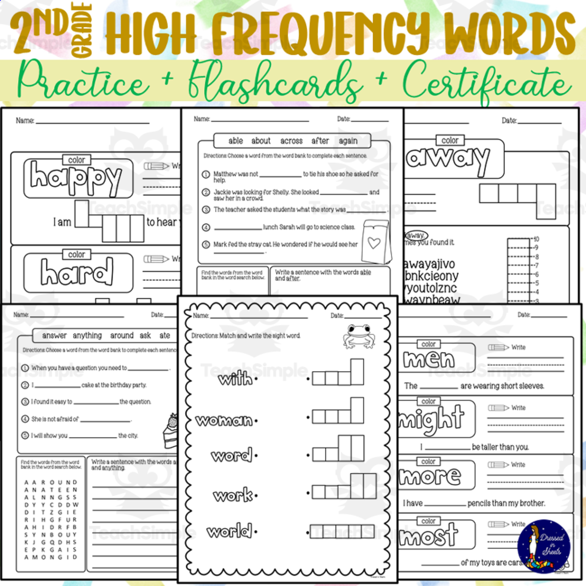 An educational teaching resource from Soumara Siddiqui entitled 2nd Grade High Frequency Words with Flashcards and Certificate downloadable at Teach Simple.