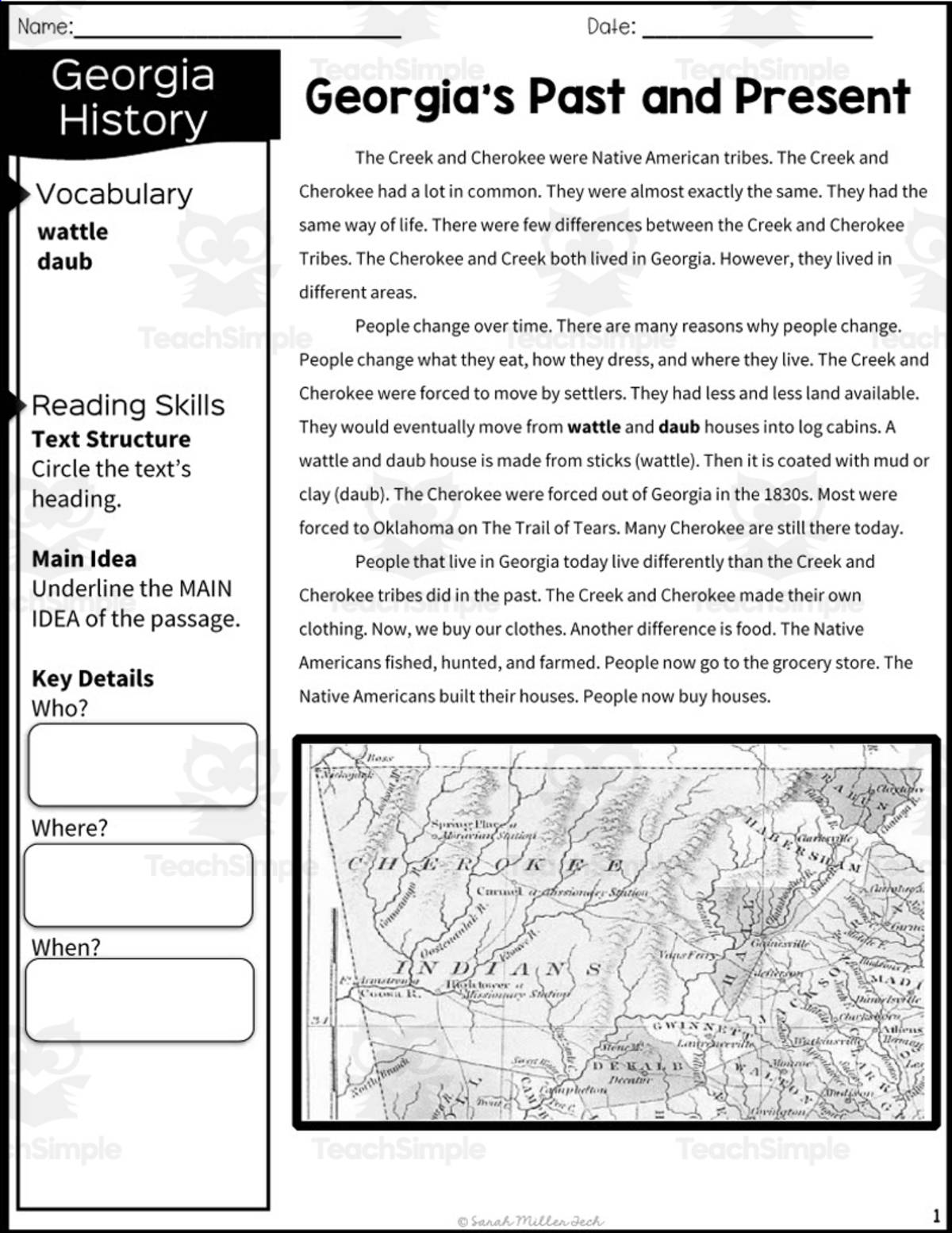 An educational teaching resource from Sarah Miller Tech entitled 2nd Grade Reading Packet: Creek and Cherokee Indians + Past and Present downloadable at Teach Simple.