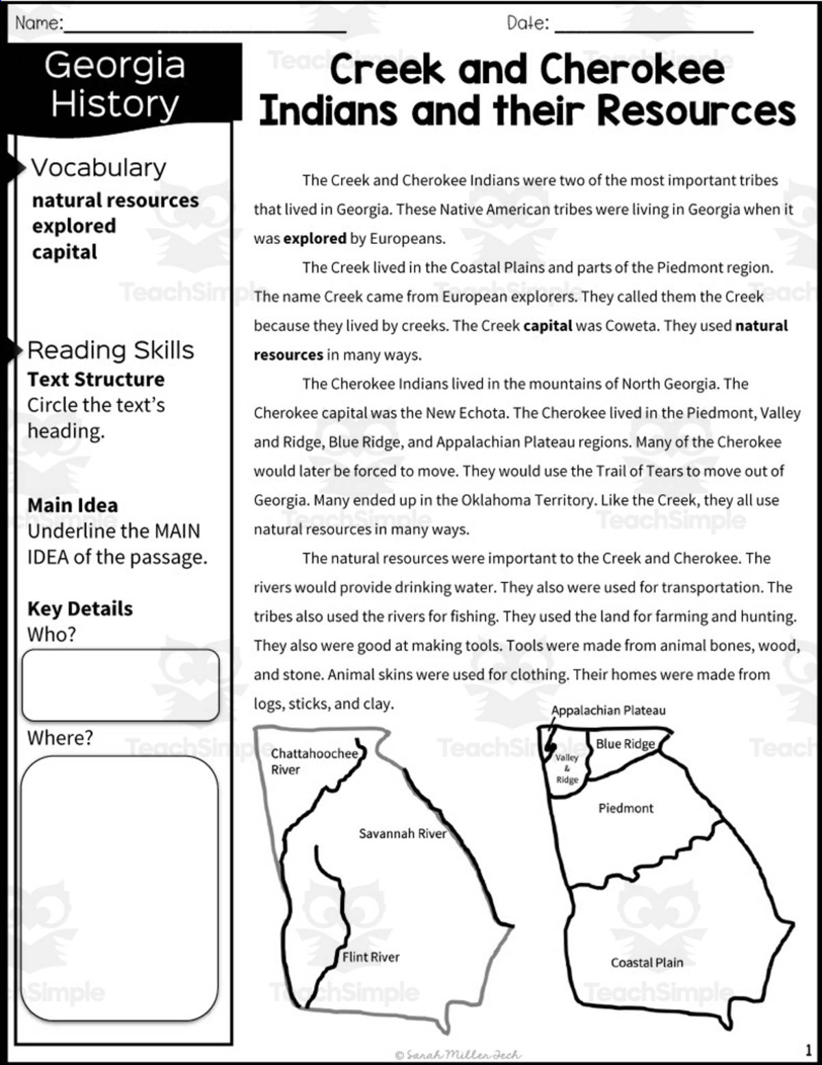An educational teaching resource from Sarah Miller Tech entitled 2nd Grade Reading Packet: Creek and Cherokee Indians + Their Resources downloadable at Teach Simple.