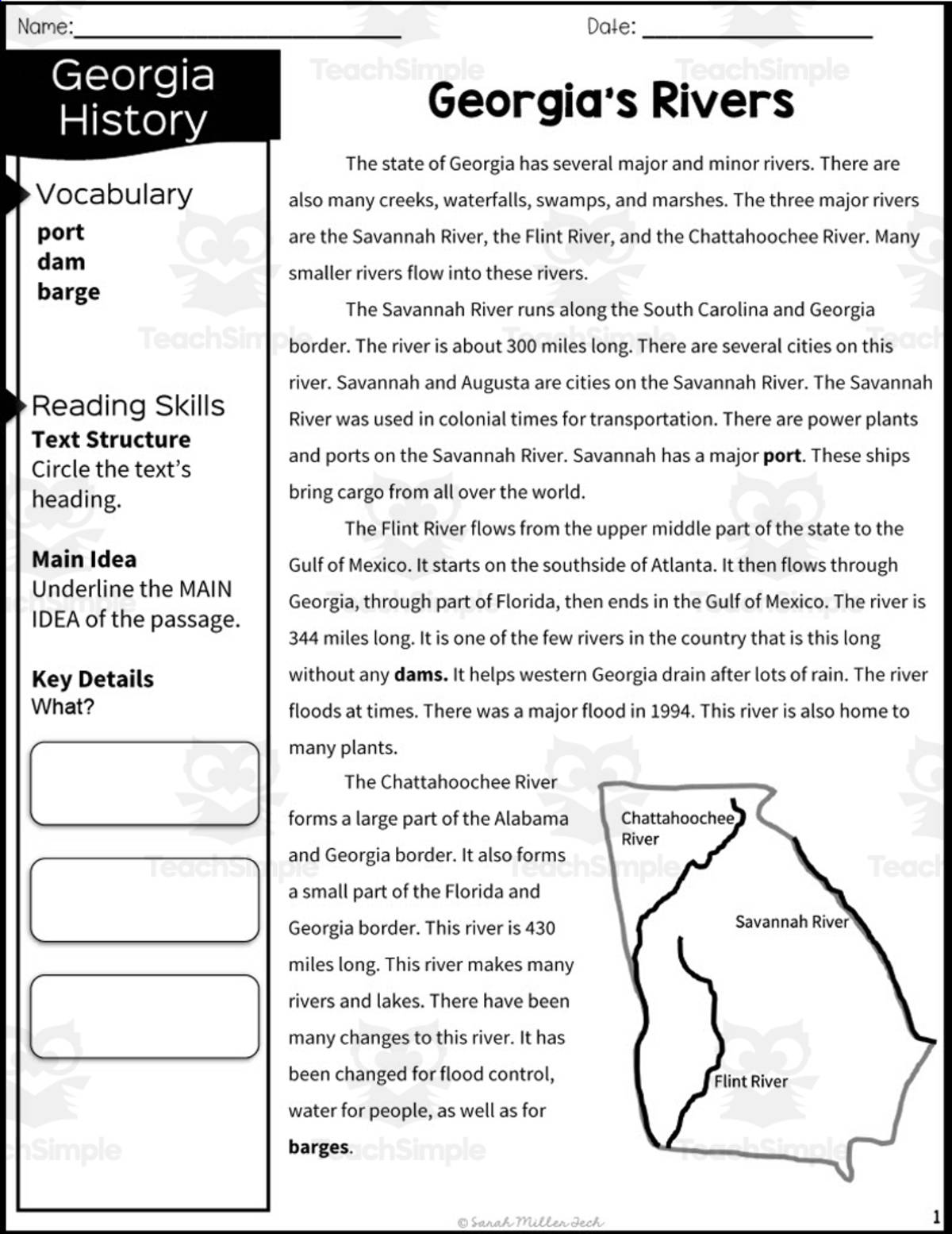 An educational teaching resource from Sarah Miller Tech entitled 2nd Grade Reading Packet: Georgia's Rivers downloadable at Teach Simple.