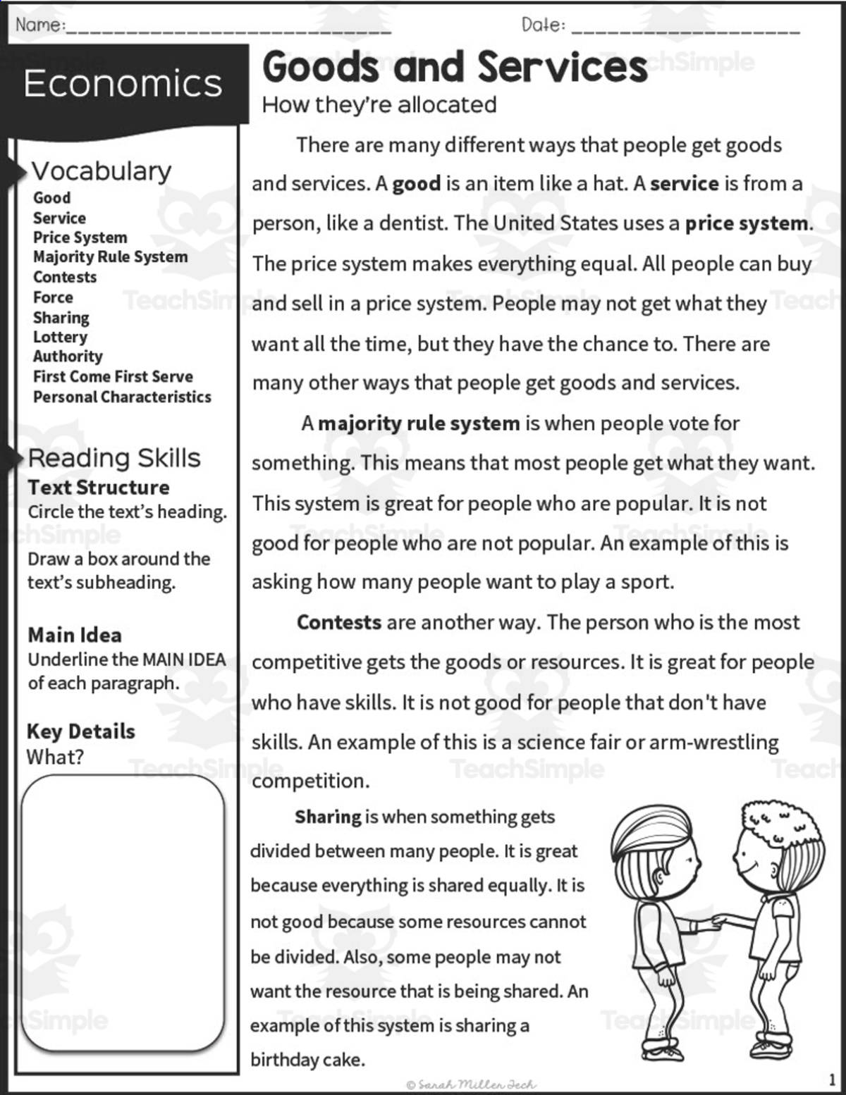 An educational teaching resource from Sarah Miller Tech entitled 2nd Grade Reading Packet: Goods and Services downloadable at Teach Simple.