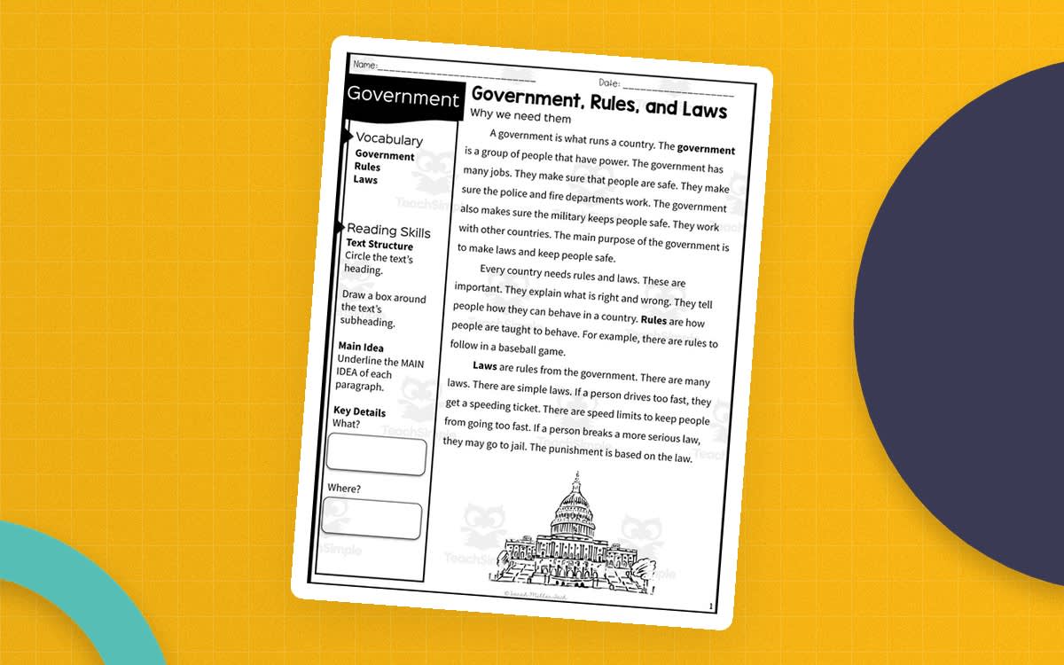 An educational teaching resource from Sarah Miller Tech entitled 2nd Grade Reading Packet – Government & Laws downloadable at Teach Simple.
