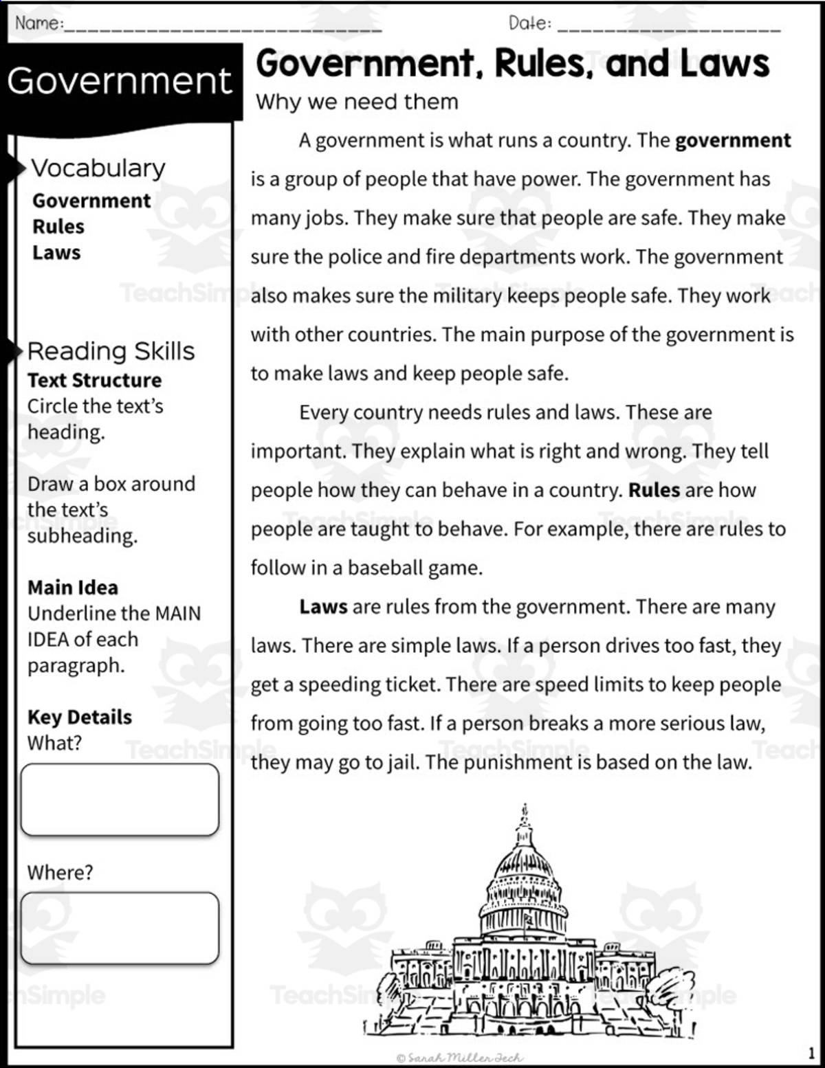 An educational teaching resource from Sarah Miller Tech entitled 2nd Grade Reading Packet – Government & Laws downloadable at Teach Simple.