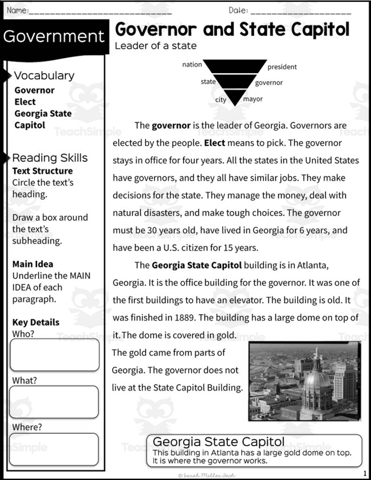 An educational teaching resource from Sarah Miller Tech entitled 2nd Grade Reading Packet: Governor and State Capitol downloadable at Teach Simple.