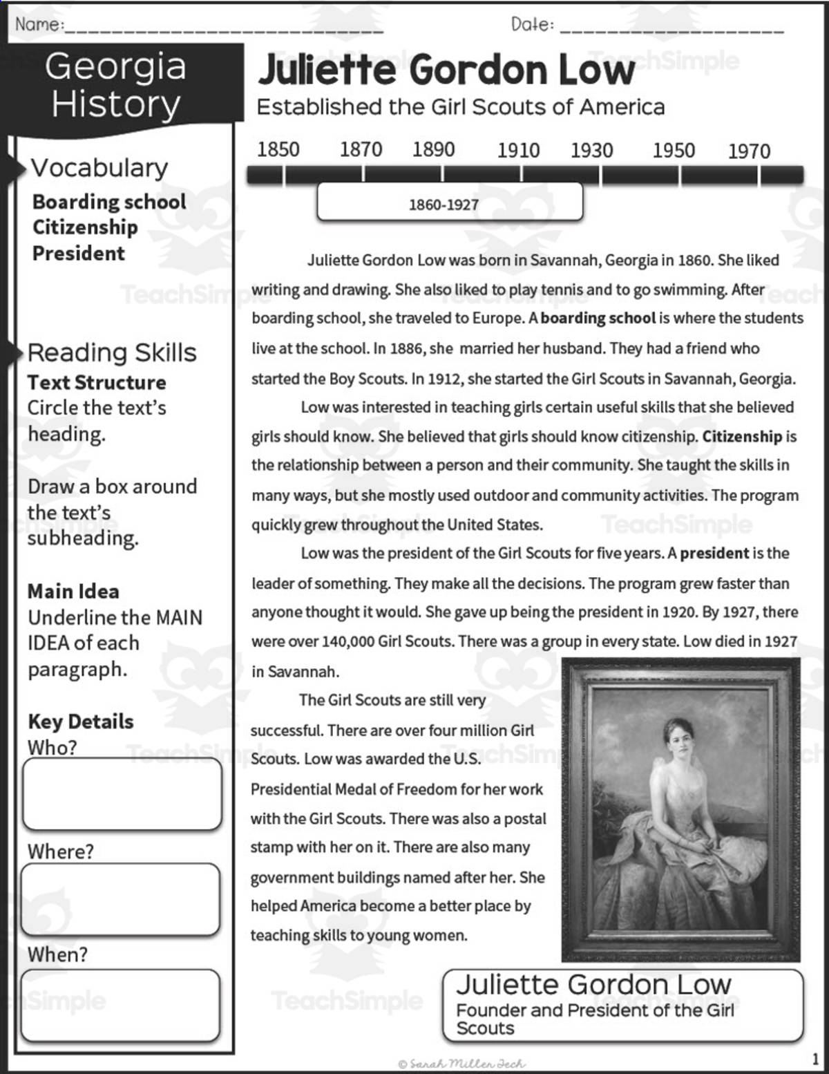 An educational teaching resource from Sarah Miller Tech entitled 2nd Grade Reading Packet: Juliette Gordon Low downloadable at Teach Simple.