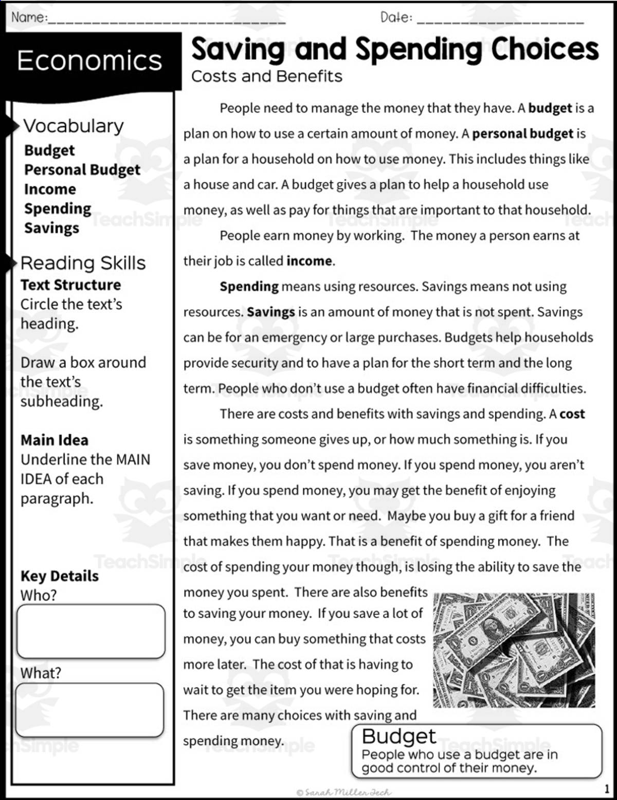 An educational teaching resource from Sarah Miller Tech entitled Saving & Spending – 2nd Grade Reading Packet downloadable at Teach Simple.