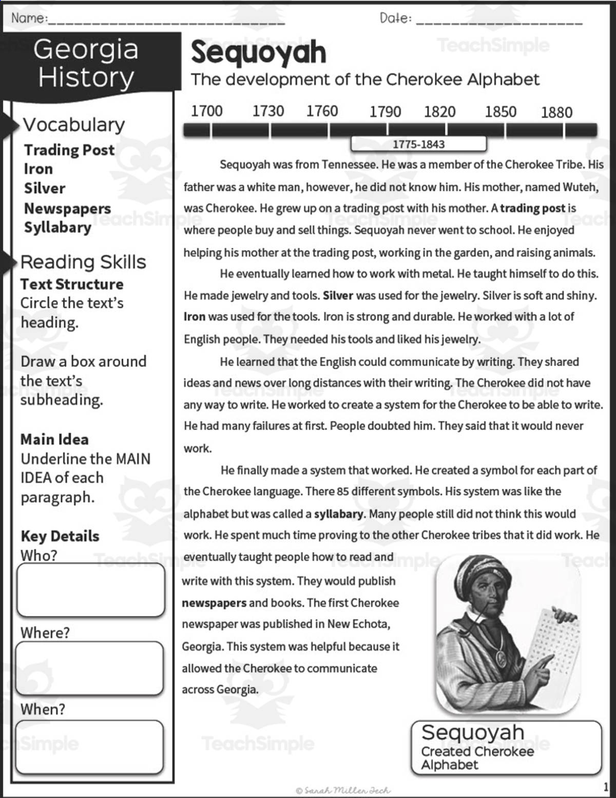 An educational teaching resource from Sarah Miller Tech entitled 2nd Grade Reading Packet: Sequoyah downloadable at Teach Simple.