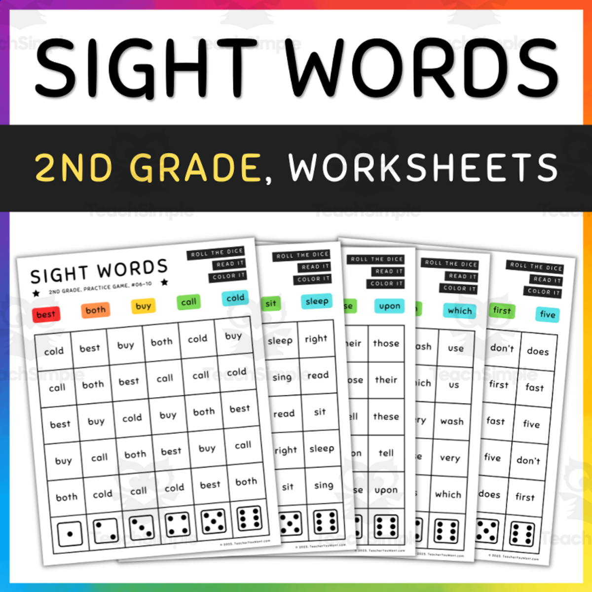 An educational teaching resource from TeacherYouWant entitled 2nd Grade Sight Words Practice Game , Roll & Color, Fun Activity - SET 9 (b) downloadable at Teach Simple.