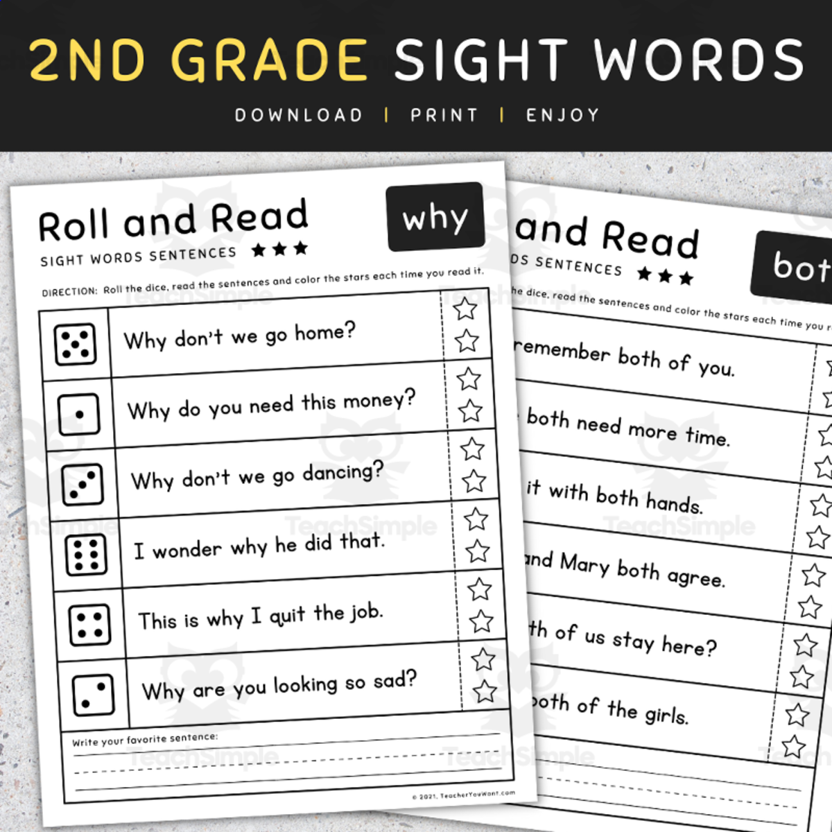 An educational teaching resource from TeacherYouWant entitled 2nd Grade Sight Words: Roll and Read Sight Words, Reading Fluency, Worksheets [SET 3] downloadable at Teach Simple.