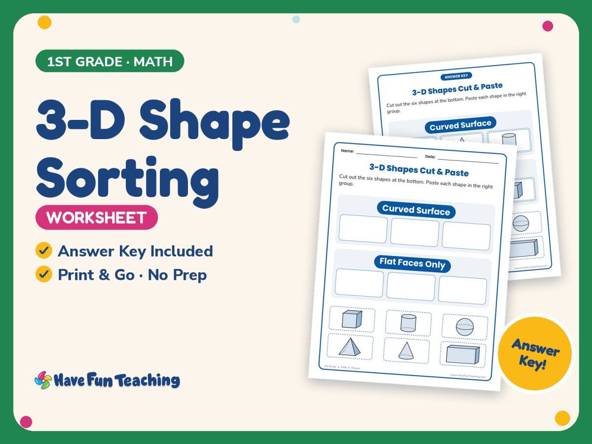 3-D Shape Sorting Worksheet – 1st Grade Geometry & Shapes Practice preview