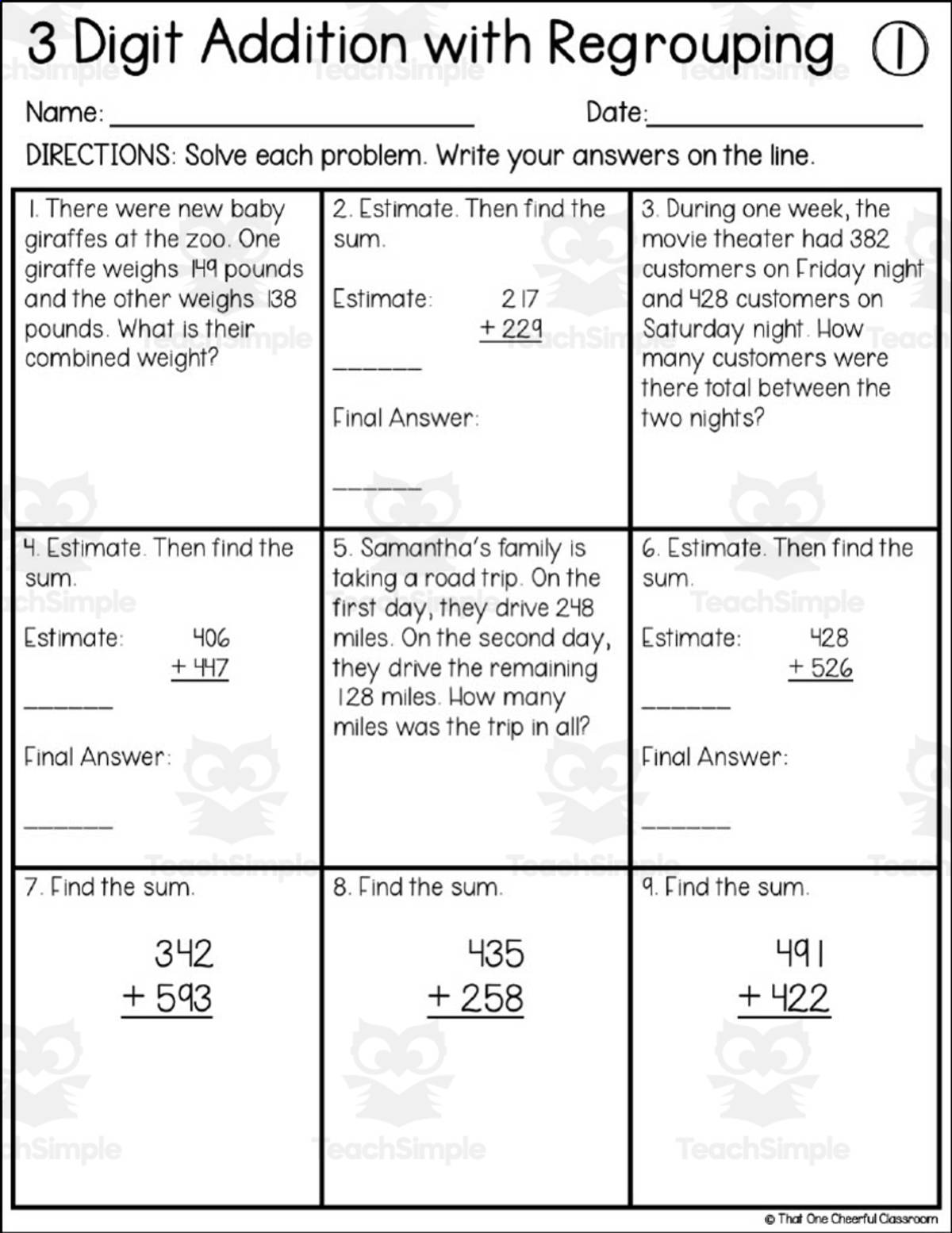 An educational teaching resource from That One Cheerful Classroom entitled 3 Digit Addition with Regrouping Math Homework Sheets downloadable at Teach Simple.