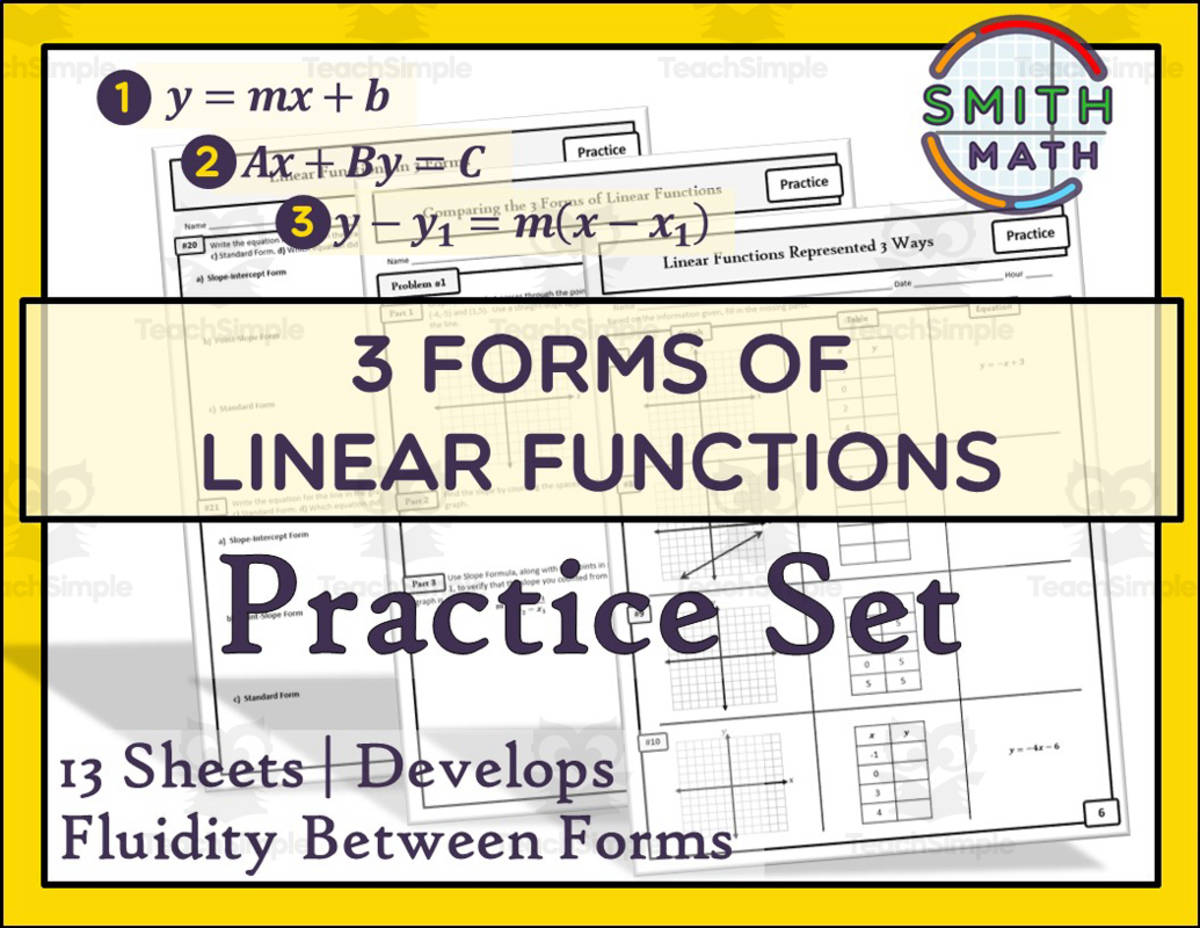 An educational teaching resource from Smith Math entitled 3 Forms of Linear Functions Practice Set downloadable at Teach Simple.