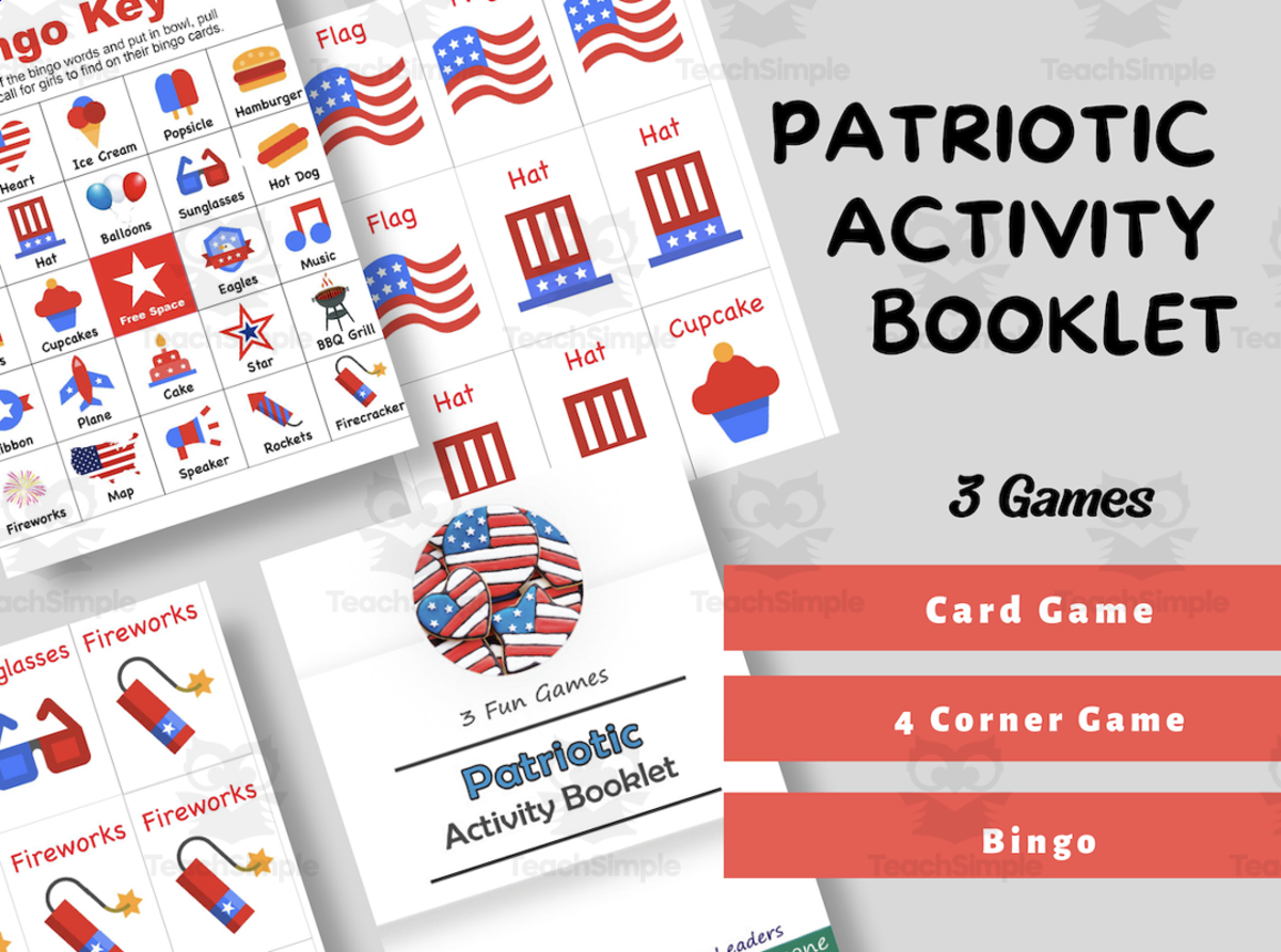 An educational teaching resource from Leader Connecting Leaders entitled 3 Patriotic Games, 4th of July Memorial Day Bingo, Four Corner Game, 4th of July Party | Memorial Day Party, Printable Patriotic Ideas downloadable at Teach Simple.