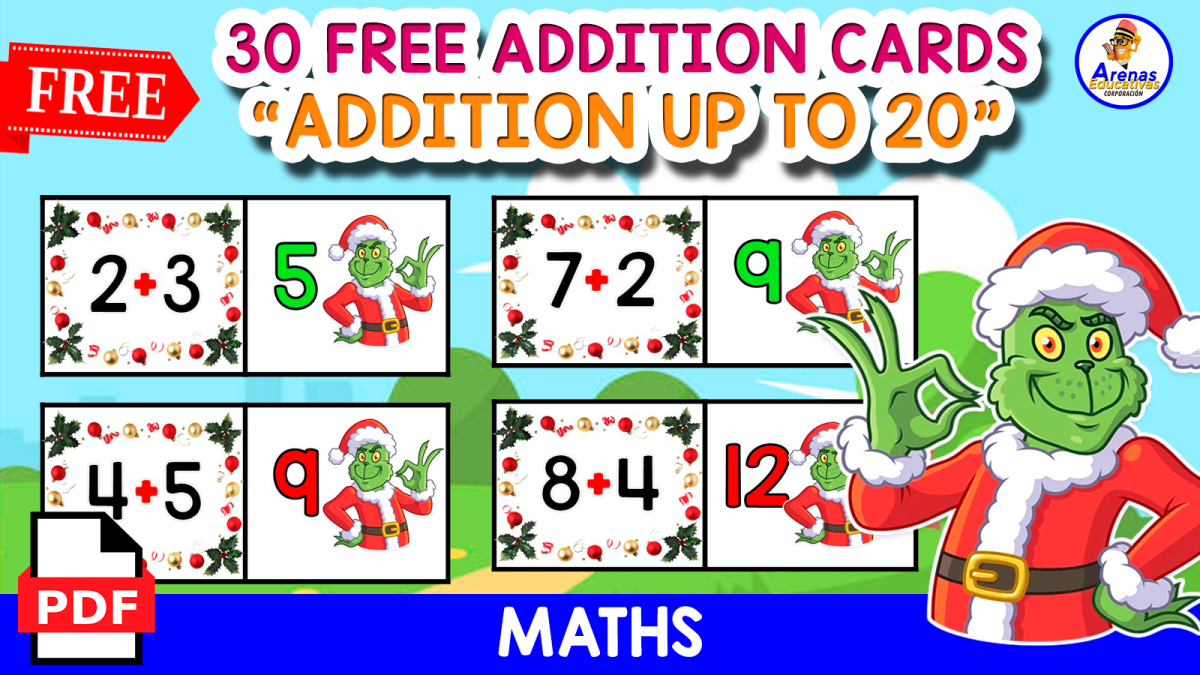 An educational teaching resource from EDITORIAL LAURA EDUCA entitled 30 ADDITION CARDS | GRINCH THEMED downloadable at Teach Simple.