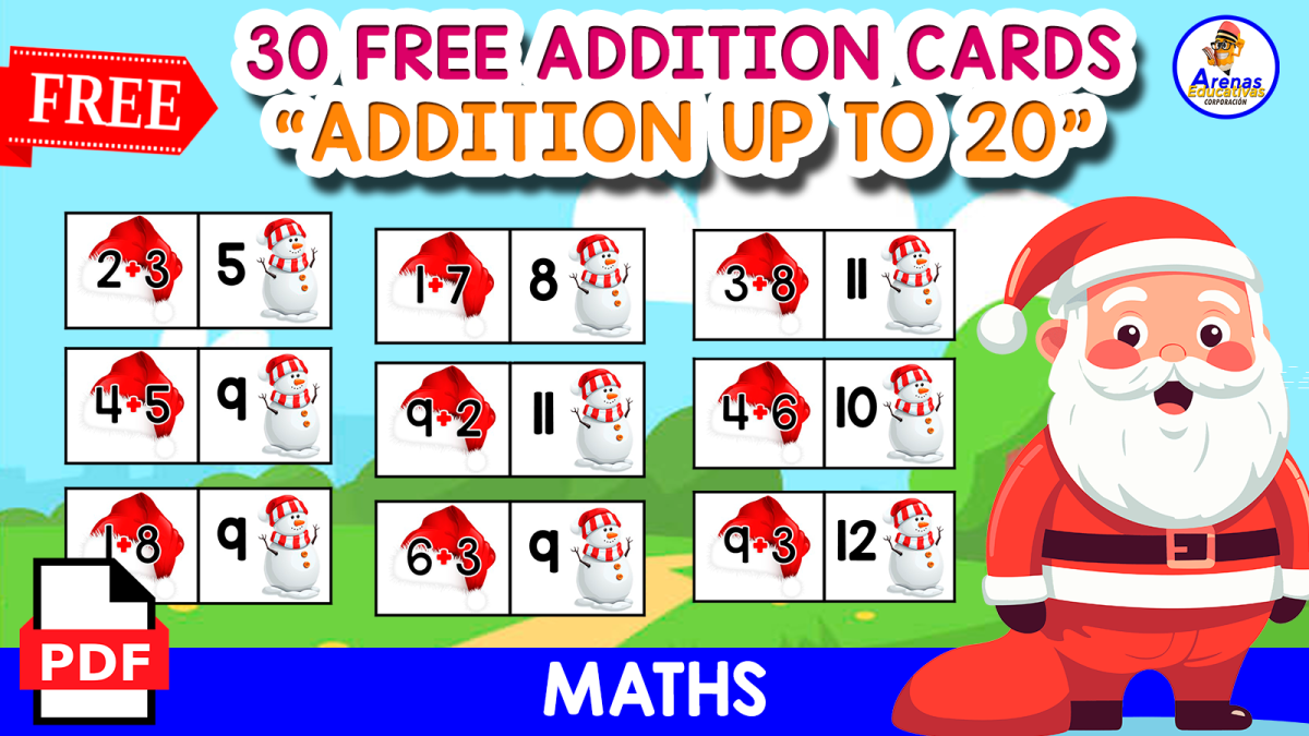 An educational teaching resource from EDITORIAL LAURA EDUCA entitled 30 FREE ADDITION CARDS | ADDITION UP TO 20 | CHRISTMAS THEMED downloadable at Teach Simple.