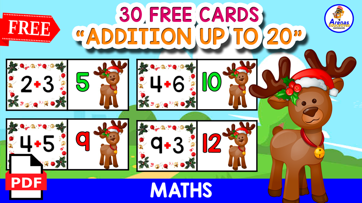 An educational teaching resource from EDITORIAL LAURA EDUCA entitled 30 FREE ADDITION CARDS | CHRISTMAS THEMED | ADDITION UP TO 20 downloadable at Teach Simple.