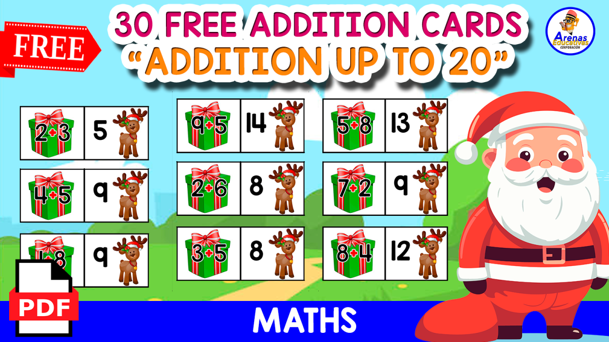 An educational teaching resource from EDITORIAL LAURA EDUCA entitled 30 FREE ADDITON CARDS | CHRISTMAS THEMED downloadable at Teach Simple.
