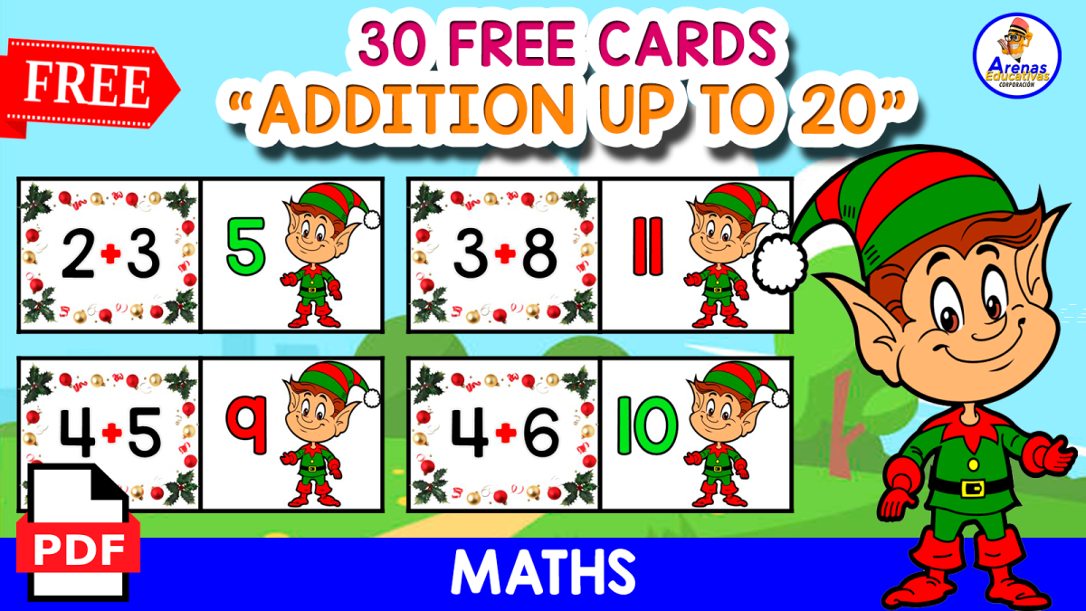 An educational teaching resource from EDITORIAL LAURA EDUCA entitled 30 FREE FUNNY CARDS | ADDITION UP TO 20 downloadable at Teach Simple.