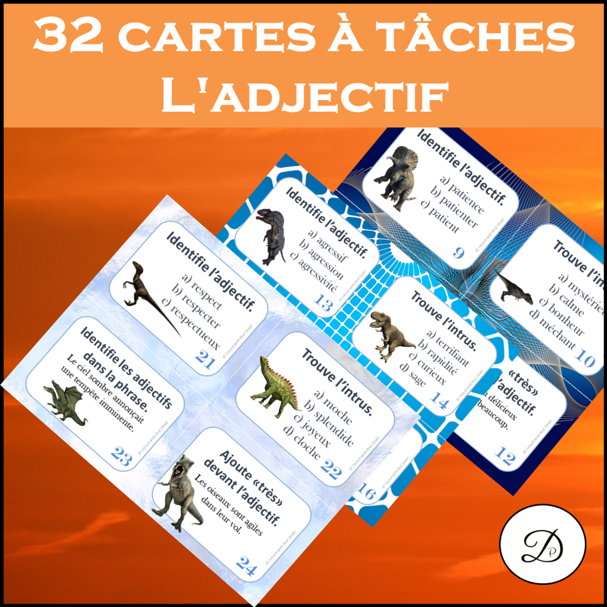 An educational teaching resource from French with Paul David entitled 32 cartes à tâches - L'adjectif downloadable at Teach Simple.