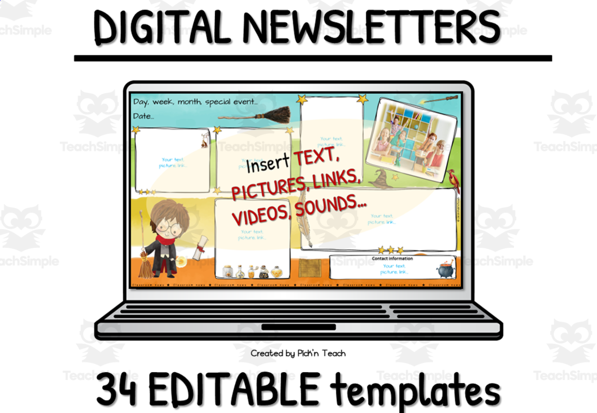 An educational teaching resource from Pick'n Teach entitled 34 DIGITAL classroom NEWSLETTERS for wizards - color srtipes downloadable at Teach Simple.