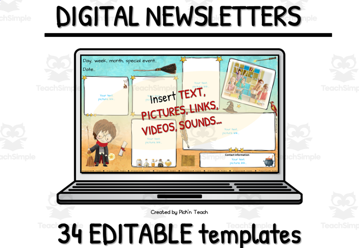 An educational teaching resource from Pick'n Teach entitled 34 DIGITAL classroom NEWSLETTERS for wizards - colored parchment downloadable at Teach Simple.