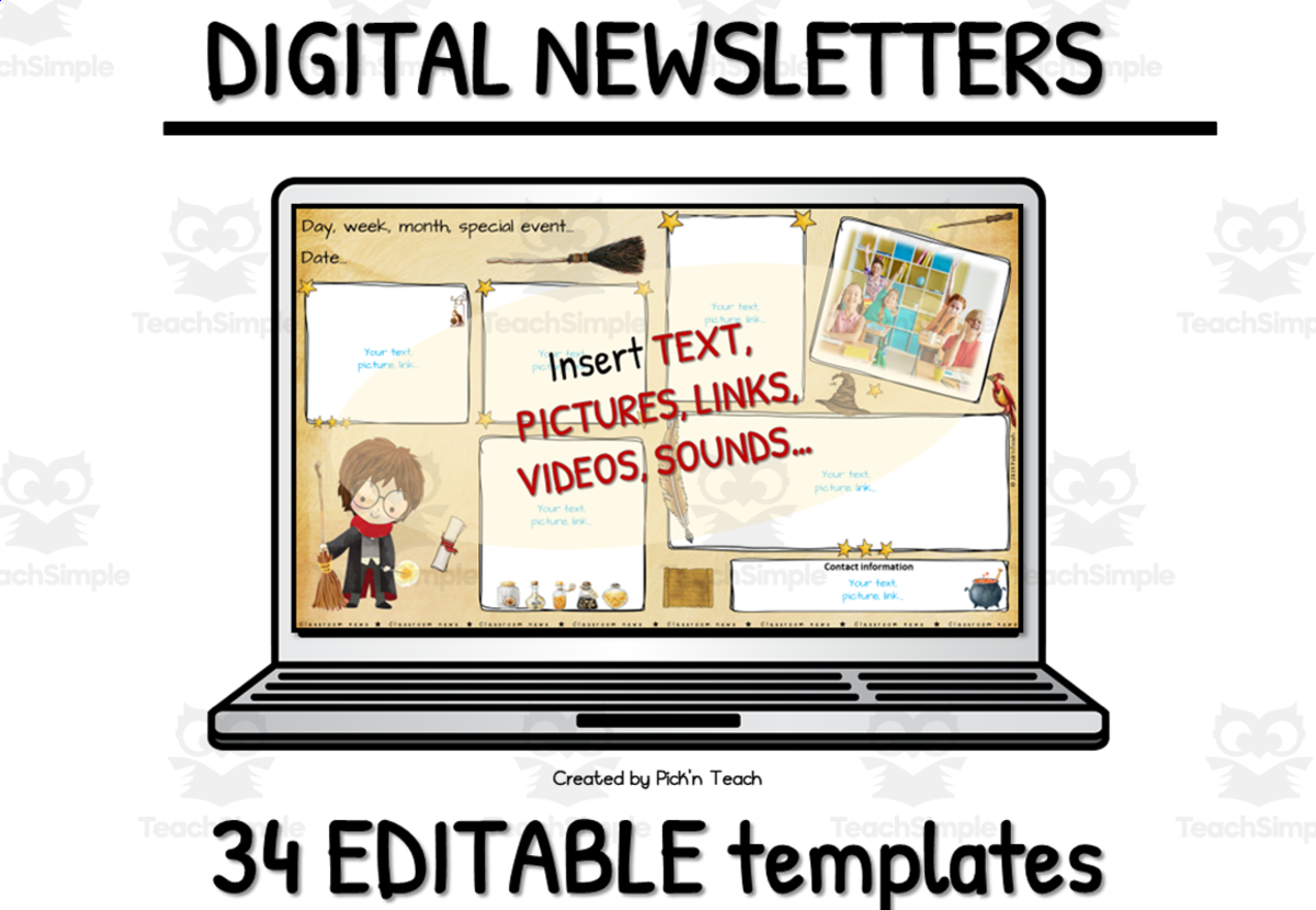 An educational teaching resource from Pick'n Teach entitled 34 DIGITAL classroom NEWSLETTERS for wizards - parchment downloadable at Teach Simple.