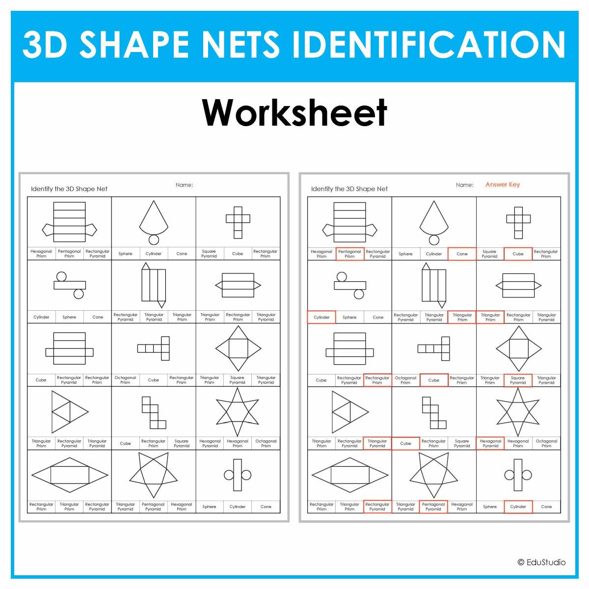 An educational teaching resource from EduStudio entitled 3D Shape Nets Identification Worksheet downloadable at Teach Simple.