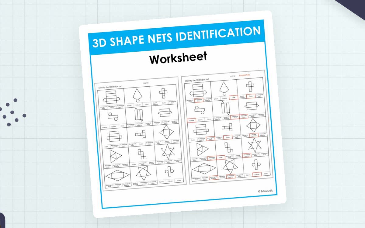 An educational teaching resource from EduStudio entitled 3D Shape Nets – Identification Practice Worksheet downloadable at Teach Simple.