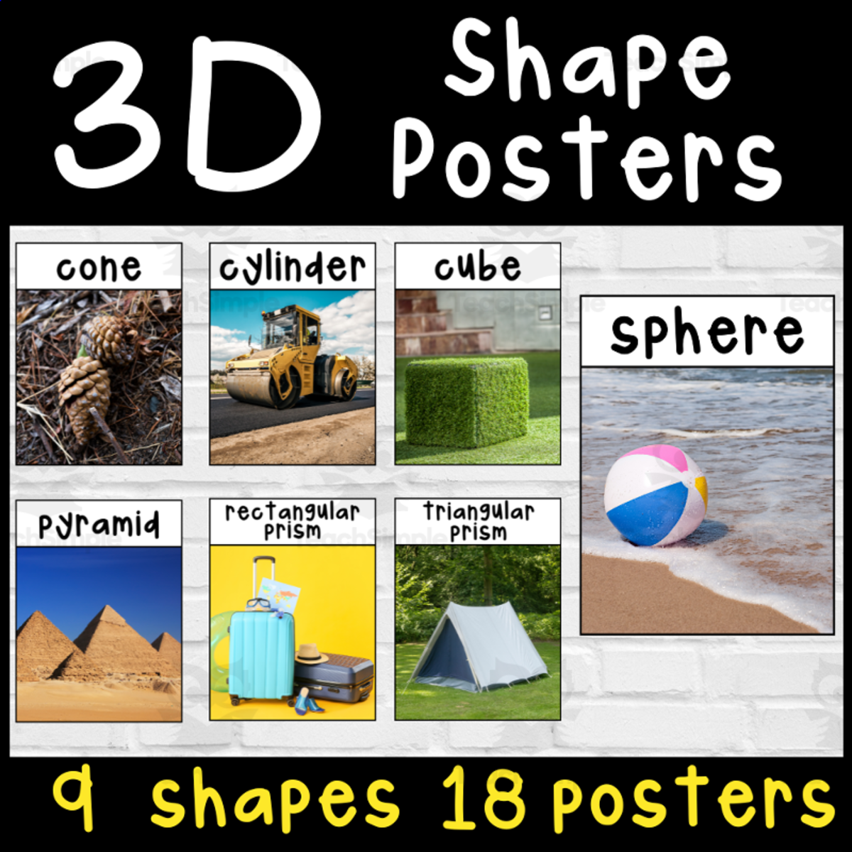 An educational teaching resource from Primary 206 Mix entitled 3D shape photo posters downloadable at Teach Simple.