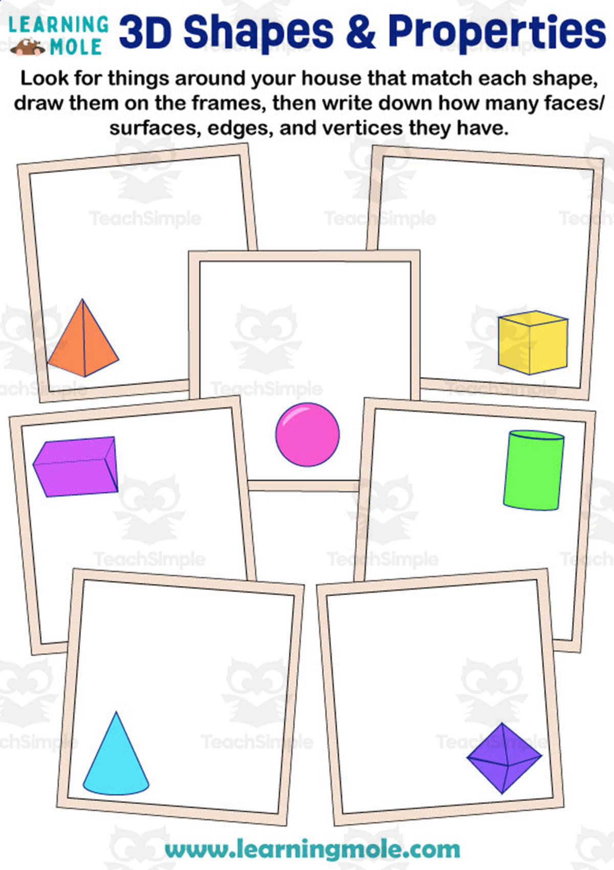 An educational teaching resource from Educational Voice entitled 3D Shapes & Properties Activity downloadable at Teach Simple.