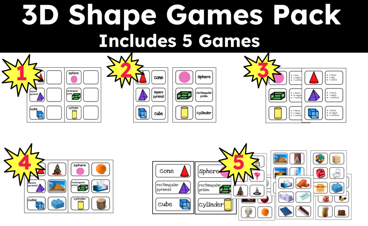 An educational teaching resource from CraftEdPrints entitled 3D Shapes Game Pack (Includes five games) downloadable at Teach Simple.