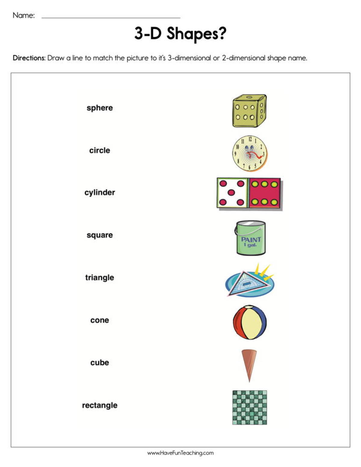An educational teaching resource from Have Fun Teaching entitled 3D Shapes Matching Worksheet downloadable at Teach Simple.