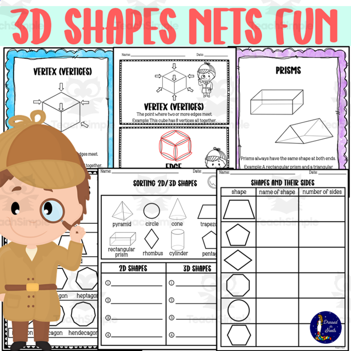 An educational teaching resource from Soumara Siddiqui entitled 3D Shapes Nets Fun downloadable at Teach Simple.