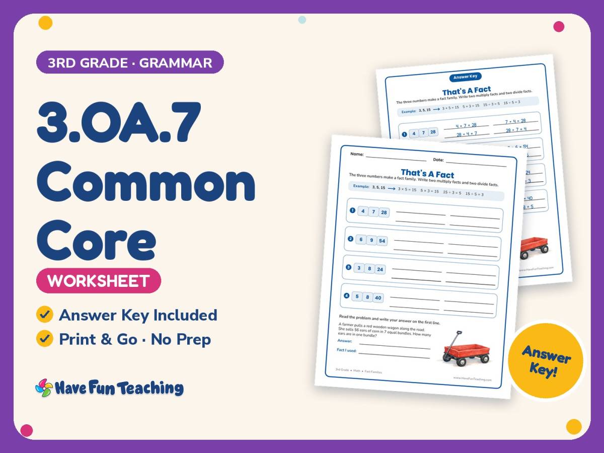 3.OA.7 Common Core Worksheet – 3rd Grade Division & Fact Families preview